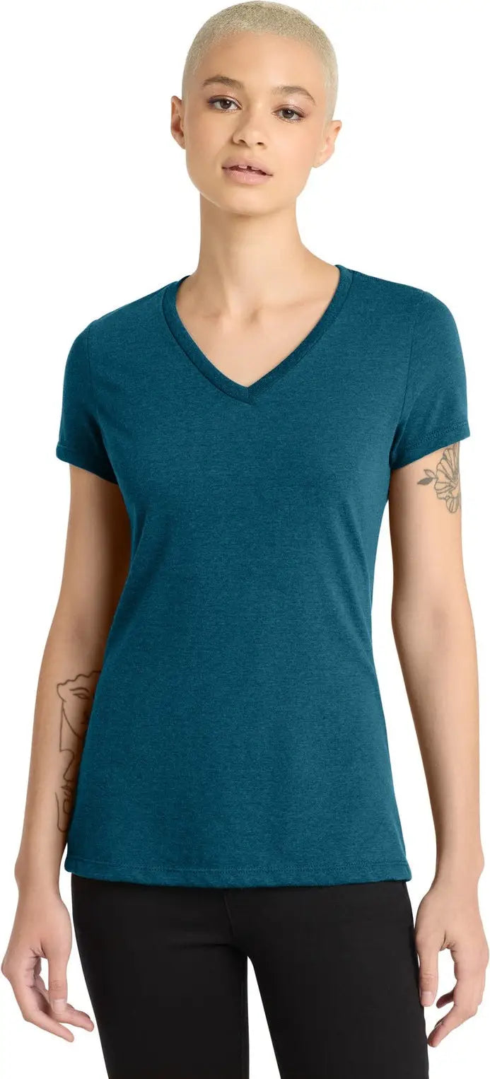 District Dm1190l Women’s Perfect Blend Cvc V-neck Tee - Deep Turquoise Fleck