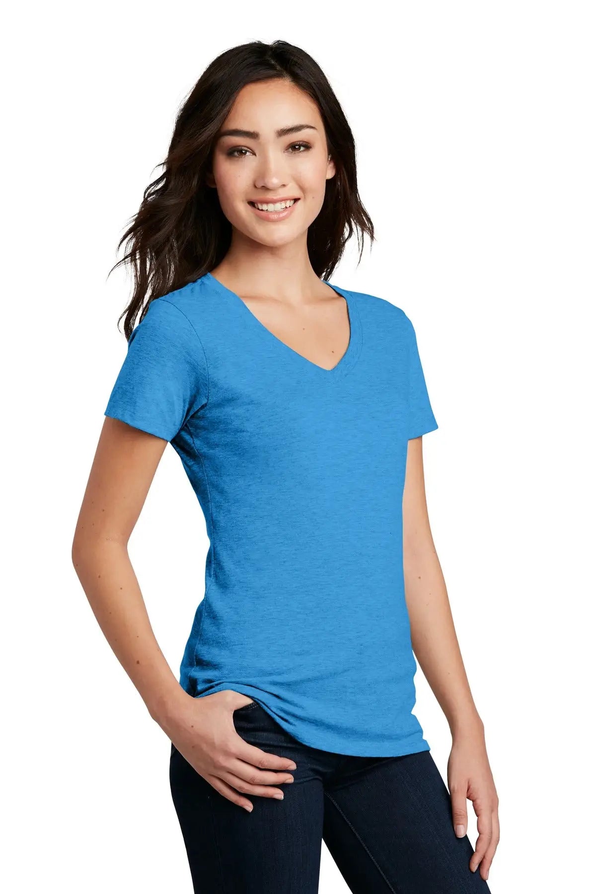 District Dm1190l Women’s Perfect Blend Cvc V-neck Tee - Heathered Bright Turquoise