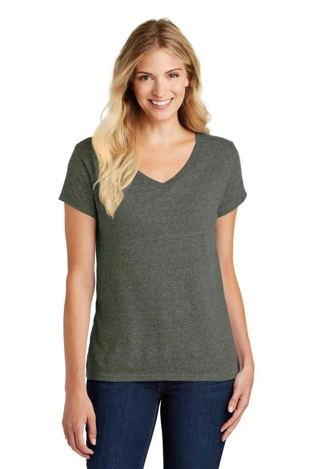 District Dm1190l Women’s Perfect Blend Cvc V-neck Tee - Heathered Olive
