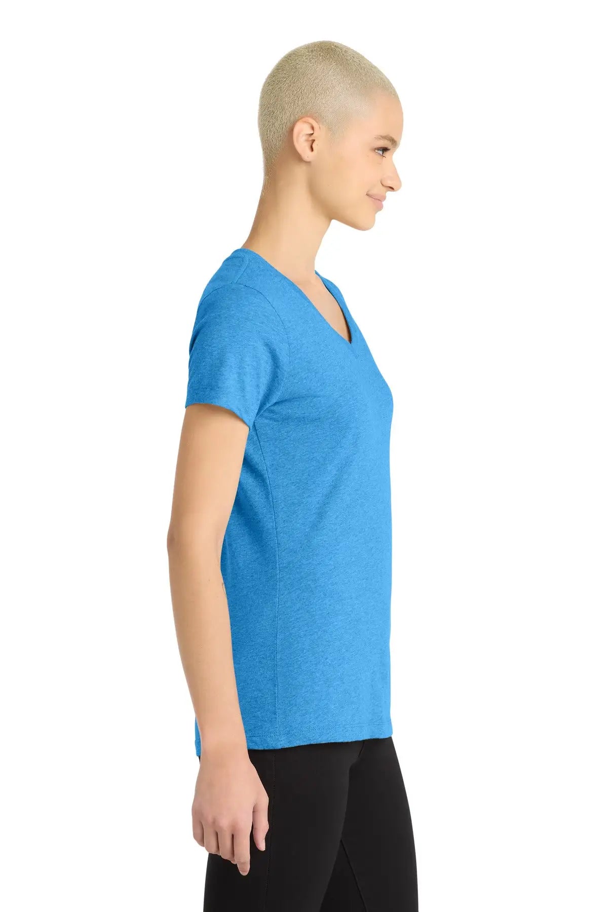 District Dm1190l Women’s Perfect Blend Cvc V-neck Tee - Heathered Bright Turquoise