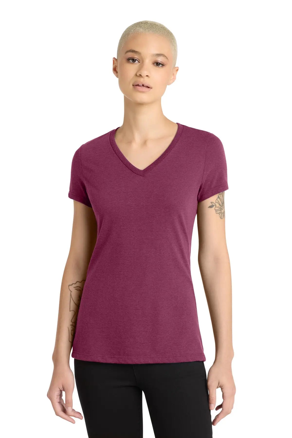 District Dm1190l Women’s Perfect Blend Cvc V-neck Tee - Raspberry Fleck