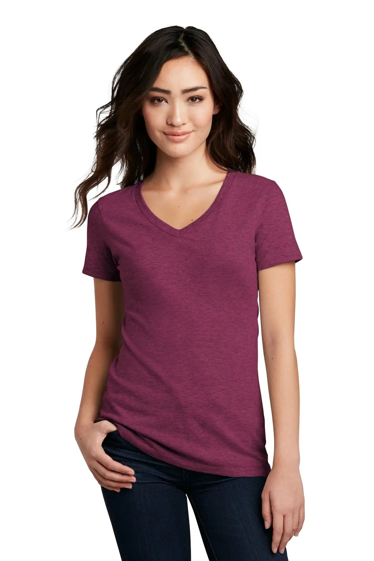 District Dm1190l Women’s Perfect Blend Cvc V-neck Tee - Raspberry Fleck - Ladies Xs