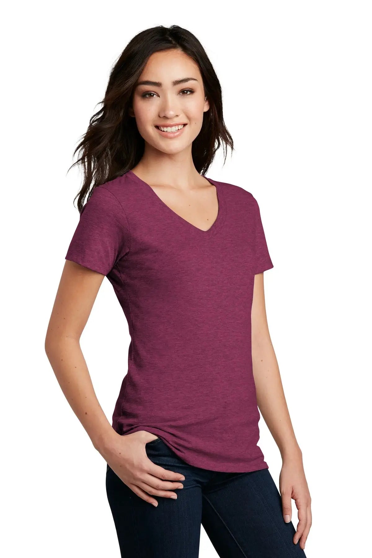 District Dm1190l Women’s Perfect Blend Cvc V-neck Tee - Raspberry Fleck