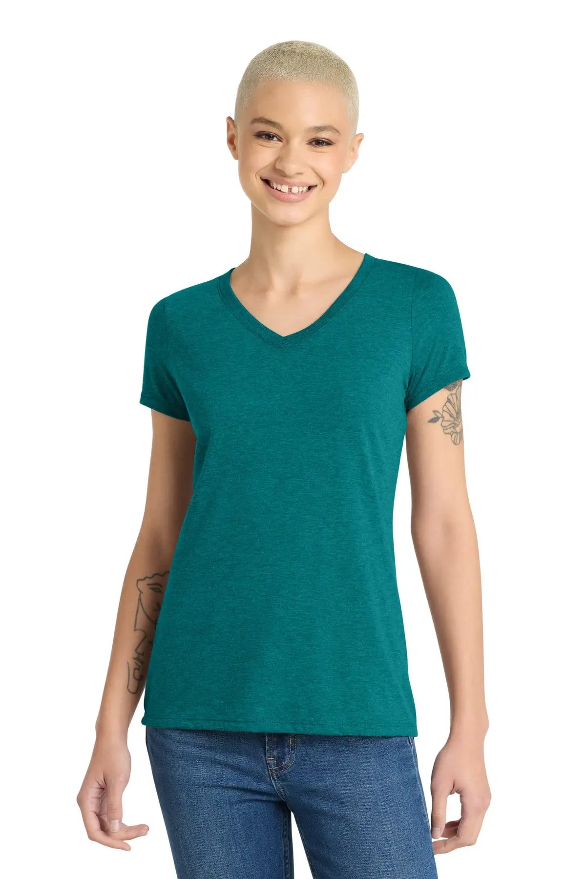 District Dm1350l Women’s Perfect Tri V-neck Tee - Heathered Teal - Ladies Xs