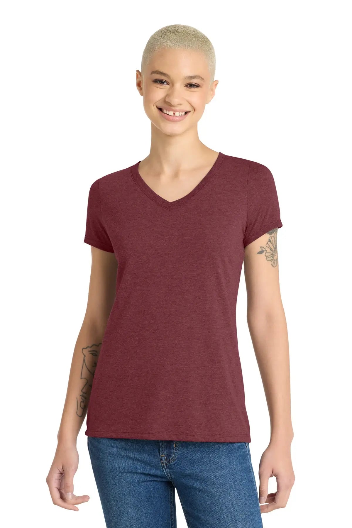 District Dm1350l Women’s Perfect Tri V-neck Tee - Maroon Frost - Ladies Xs