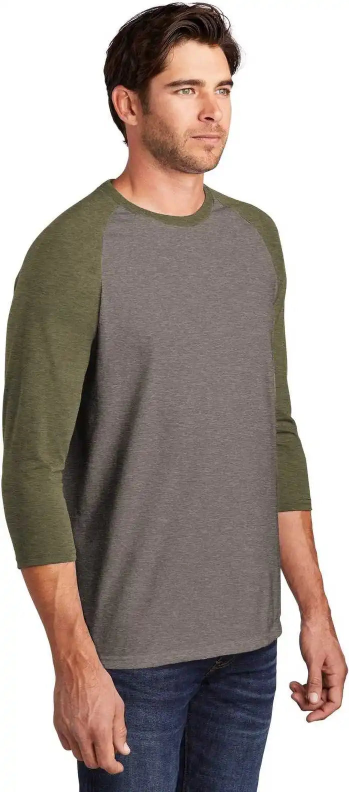 District Dm136 Perfect Tri 3/4-sleeve Raglan - Military Green Frost Gray