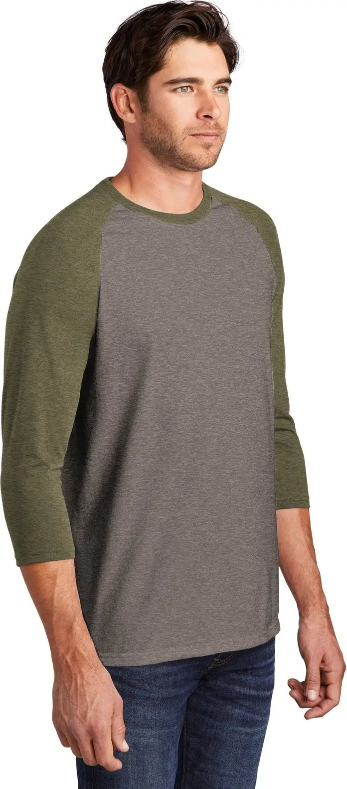 District Dm136 Perfect Tri 3/4-sleeve Raglan - Military Green Frost Gray