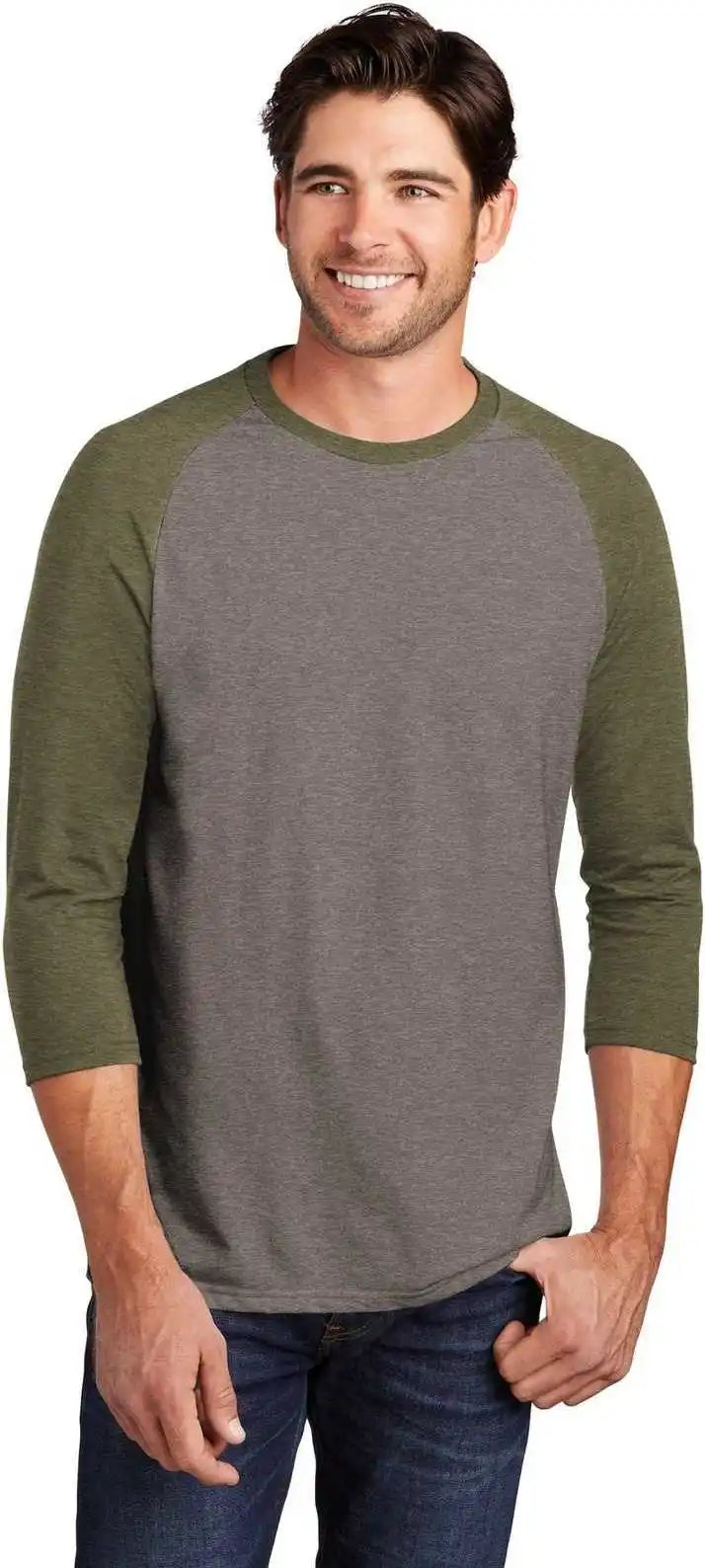 District Dm136 Perfect Tri 3/4-sleeve Raglan - Military Green Frost Gray