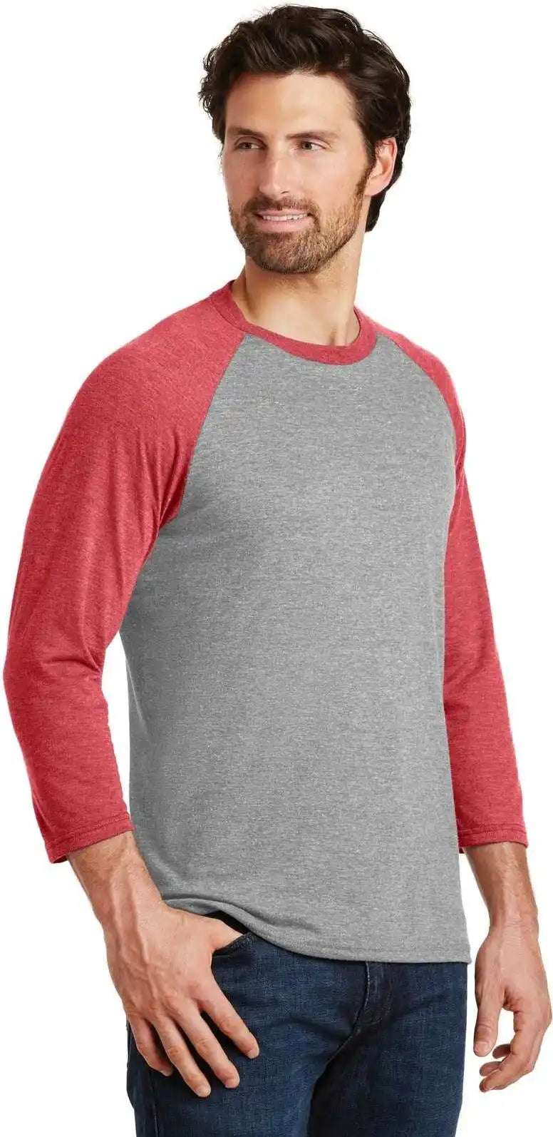 District Dm136 Perfect Tri 3/4 Sleeve Raglan Red Frost Gray