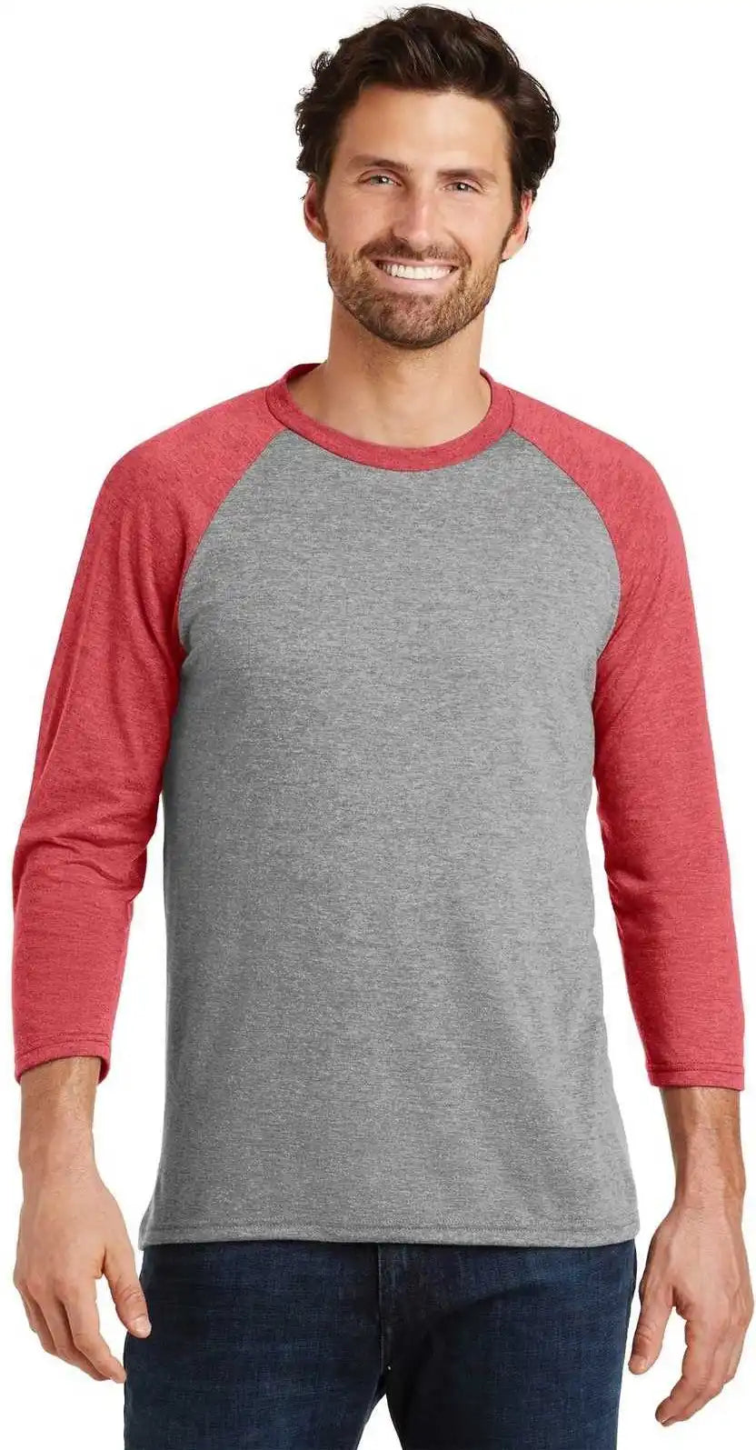 District Dm136 Perfect Tri 3/4 Sleeve Raglan Red Frost Gray