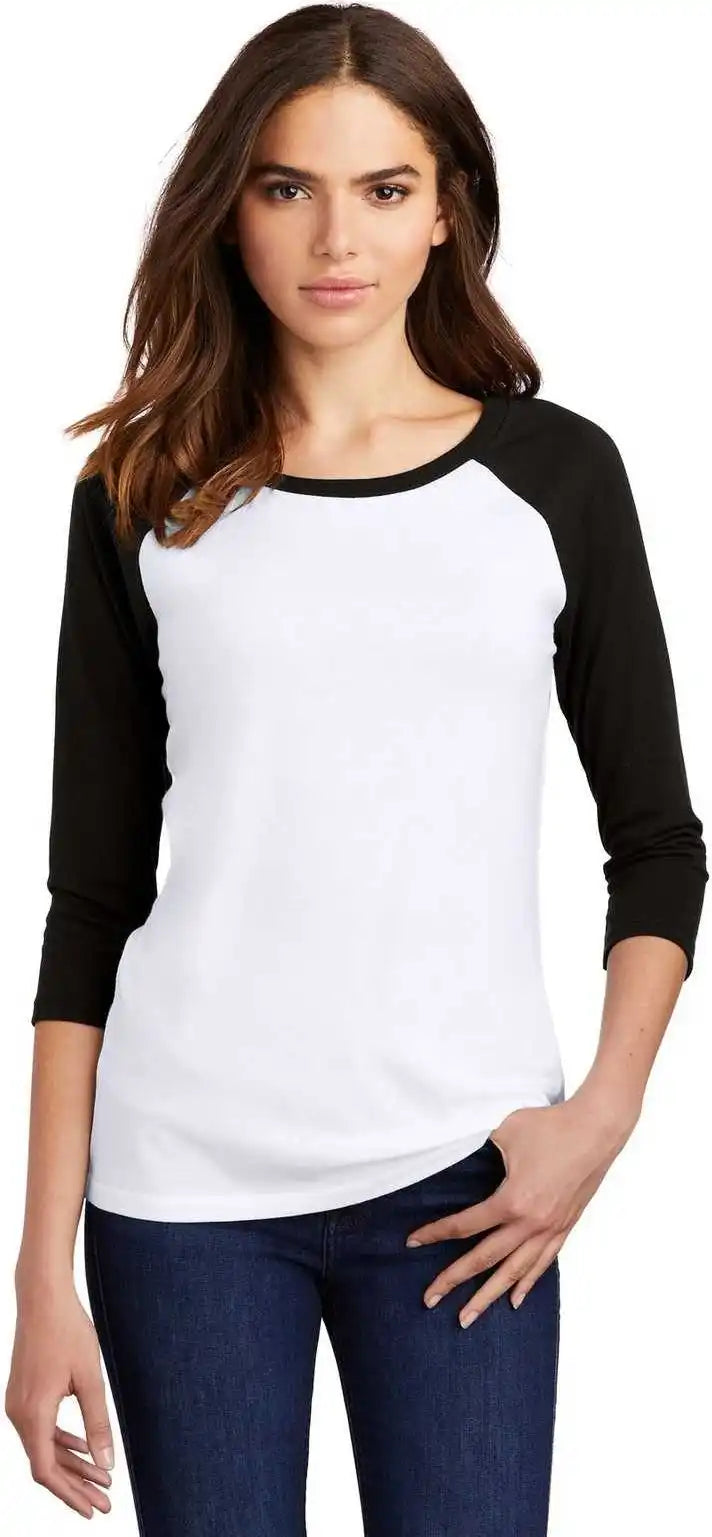 District Dm136l Women’s Perfect Tri 3/4 Sleeve Raglan Black White