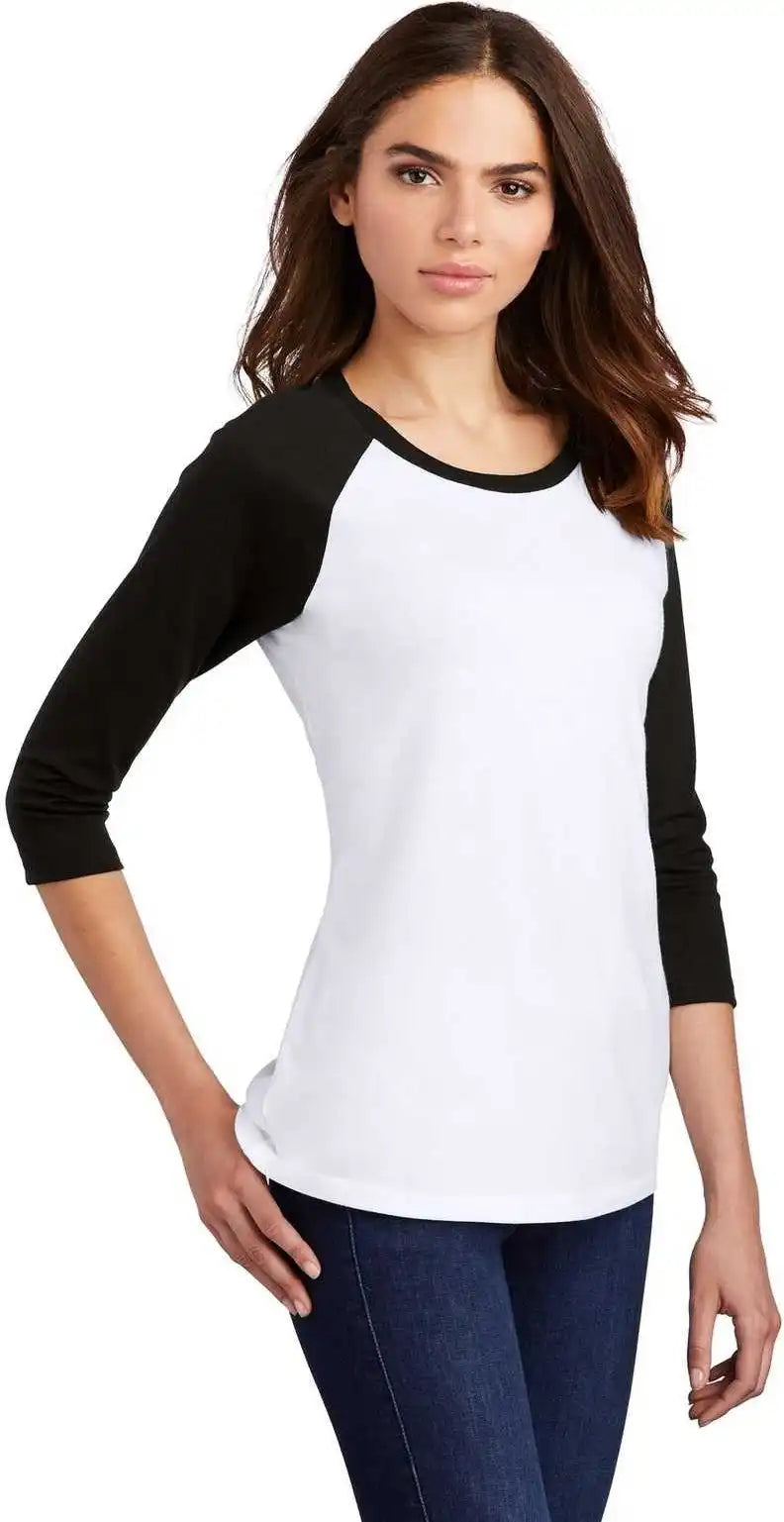 District Dm136l Women’s Perfect Tri 3/4 Sleeve Raglan Black White