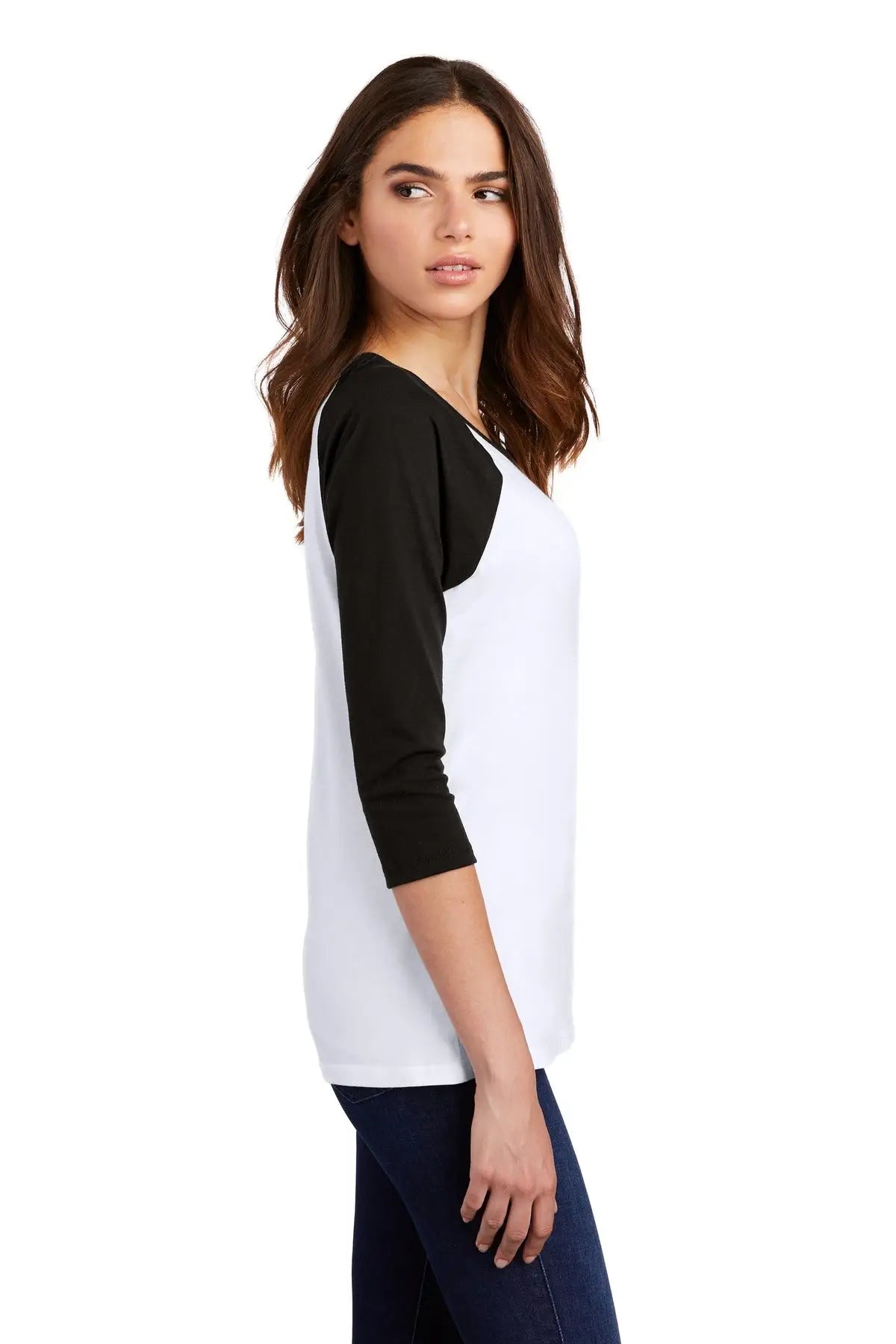 District Dm136l Women’s Perfect Tri 3/4-sleeve Raglan - Black White