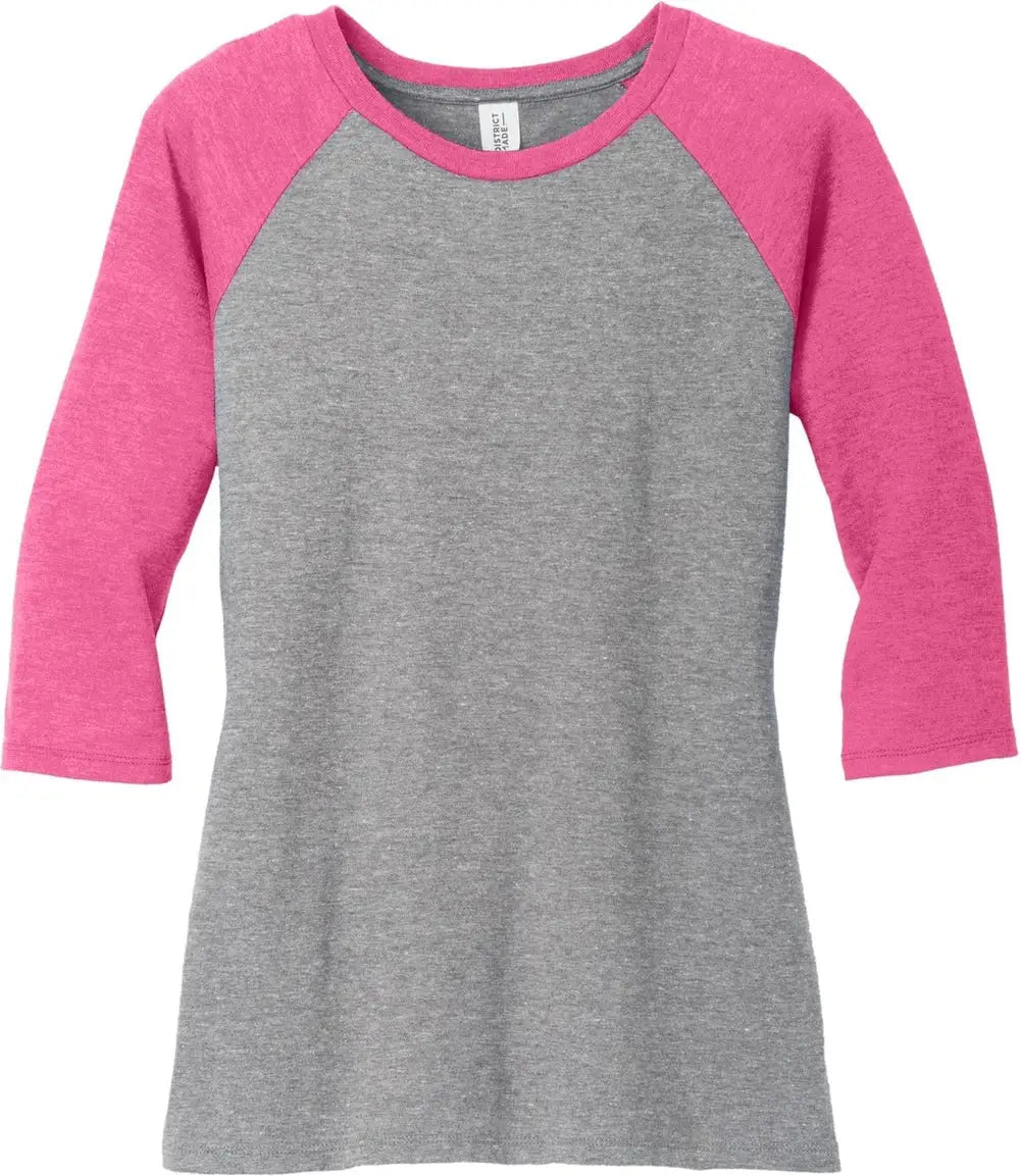 District Dm136l Women’s Perfect Tri 3/4-sleeve Raglan - Fuchsia Frost Gray