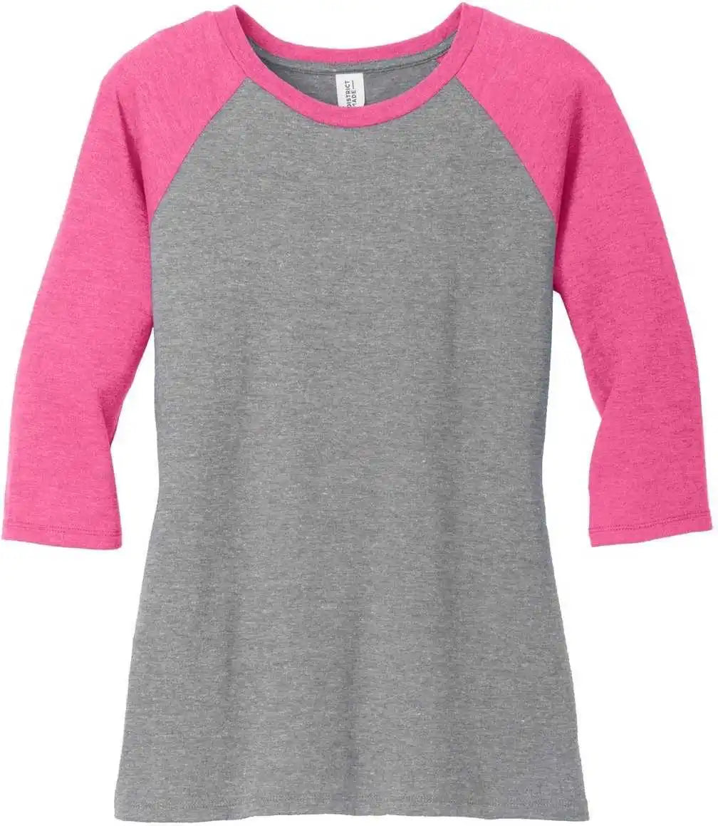 District Dm136l Women’s Perfect Tri 3/4 Sleeve Raglan Fuchsia Frost Gray
