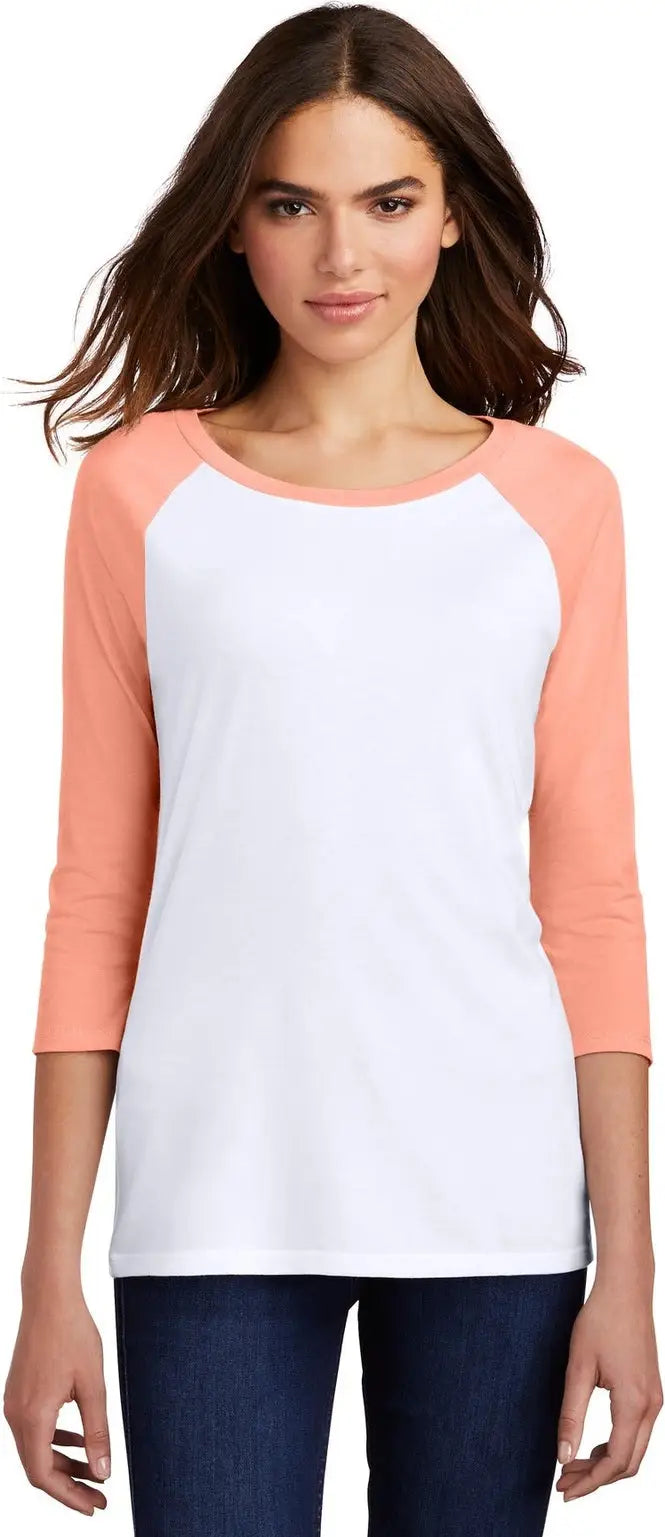 District Dm136l Women’s Perfect Tri 3/4-sleeve Raglan - Heather Dusty Peach White - Peach/ / Ladies Xs