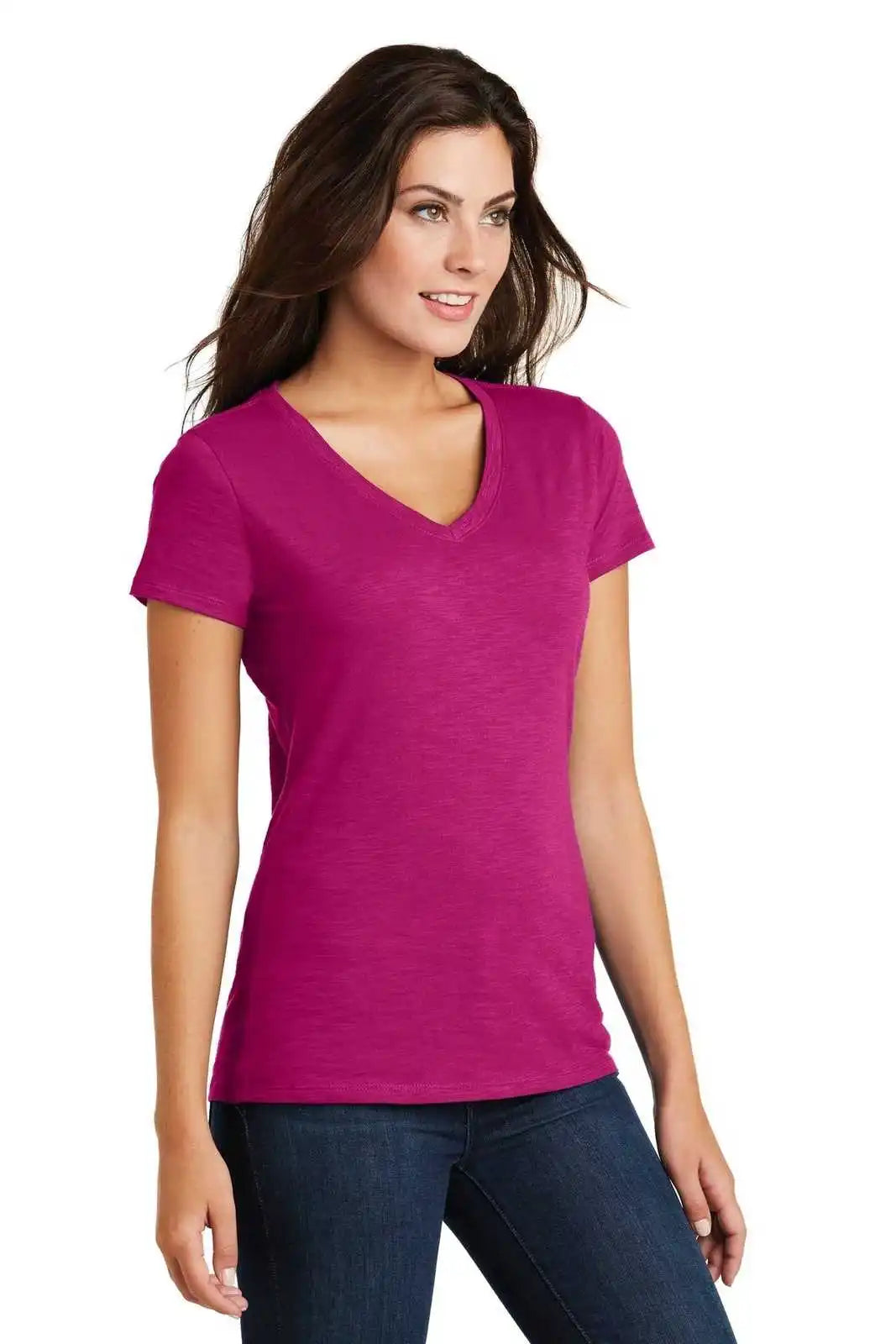 District Dm3501 Women’s Super Slub V-neck Tee - Pink Azalea