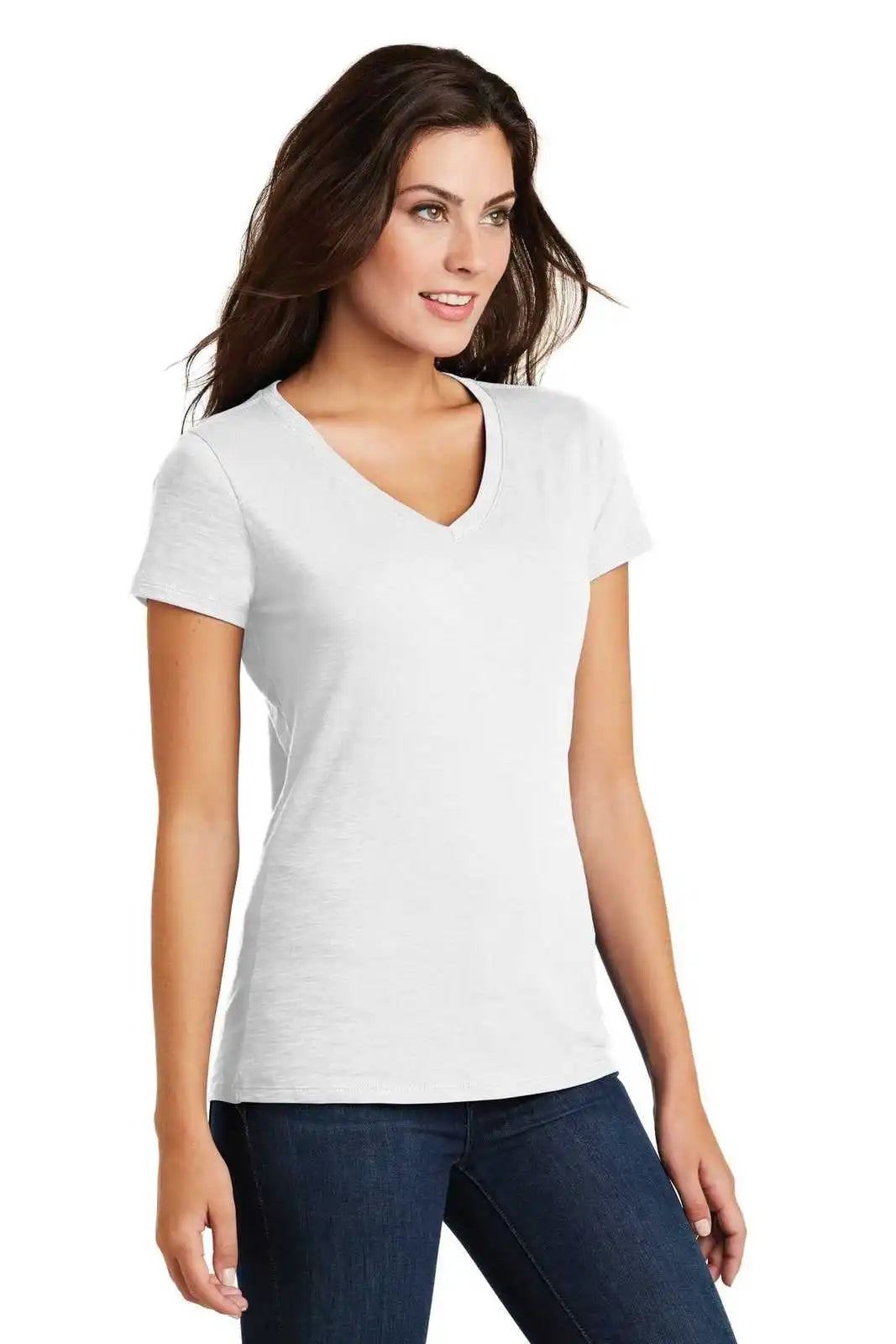 District Dm3501 Women’s Super Slub V-neck Tee - White