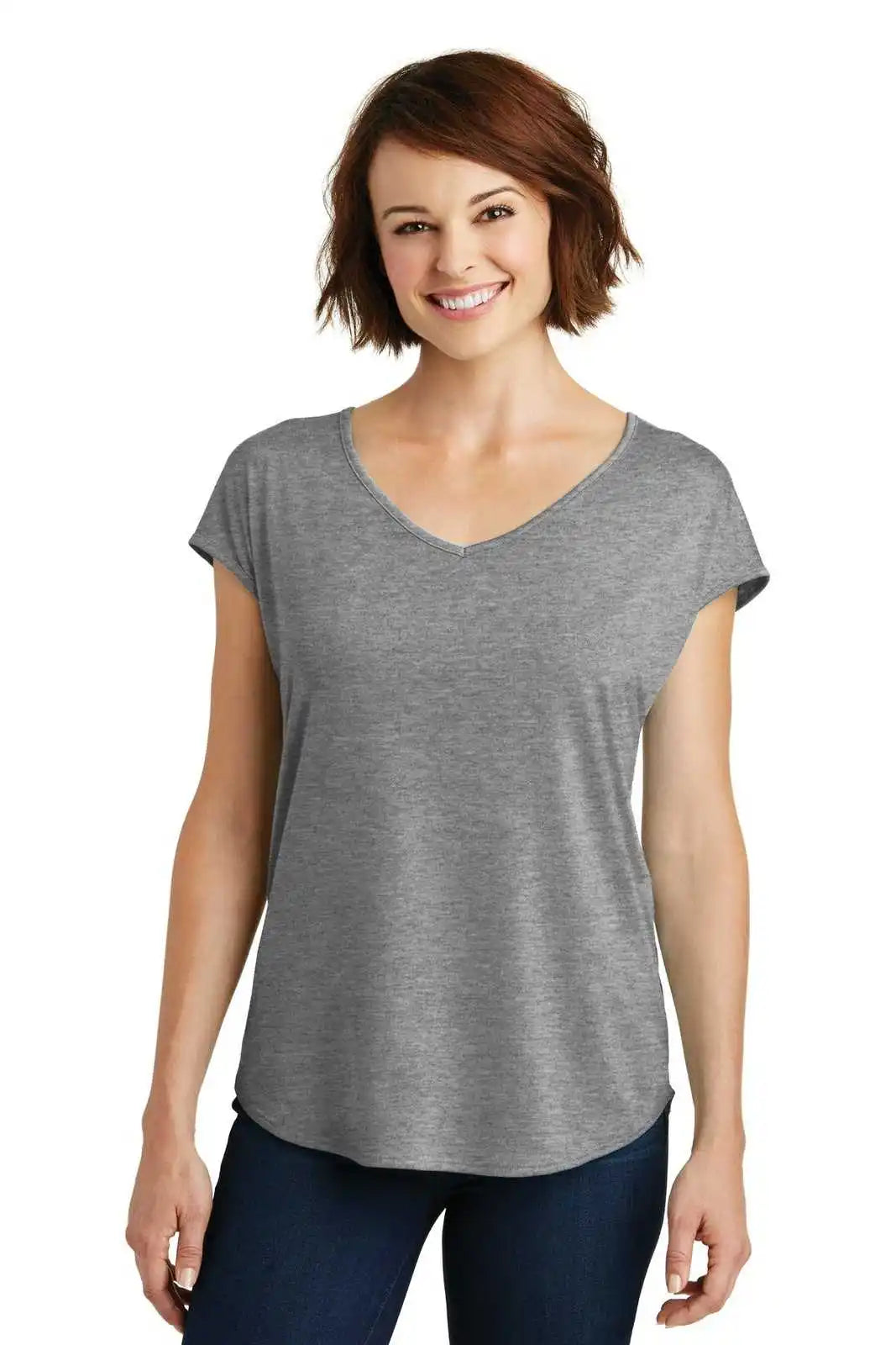 District Dm416 Women’s Drapey Cross-back Tee - Heathered Nickel