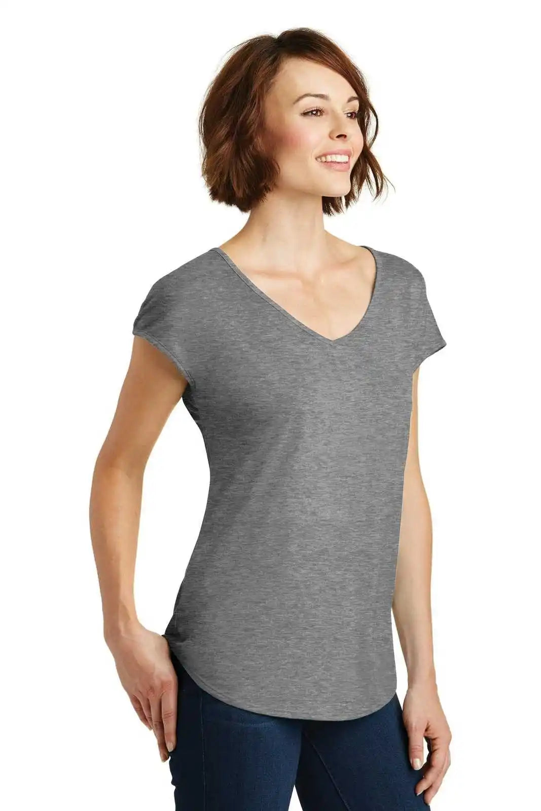 District Dm416 Women’s Drapey Cross-back Tee - Heathered Nickel