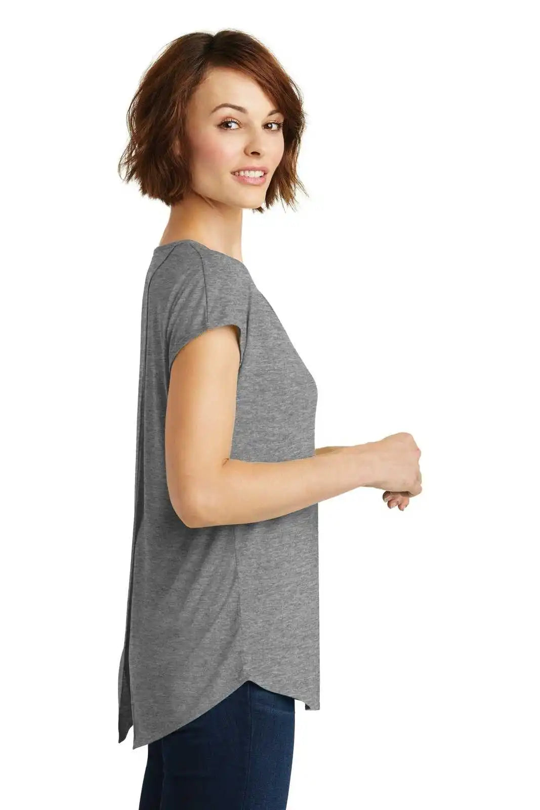 District Dm416 Women’s Drapey Cross-back Tee - Heathered Nickel