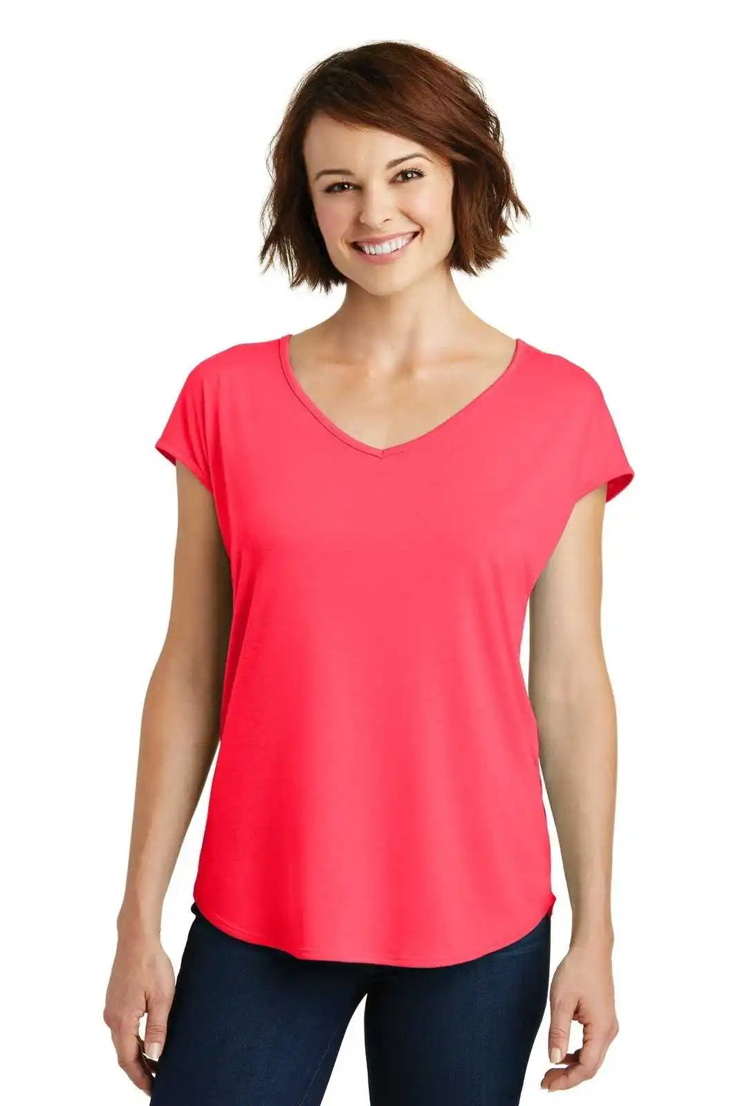 District Dm416 Women’s Drapey Cross-back Tee - Hot Coral