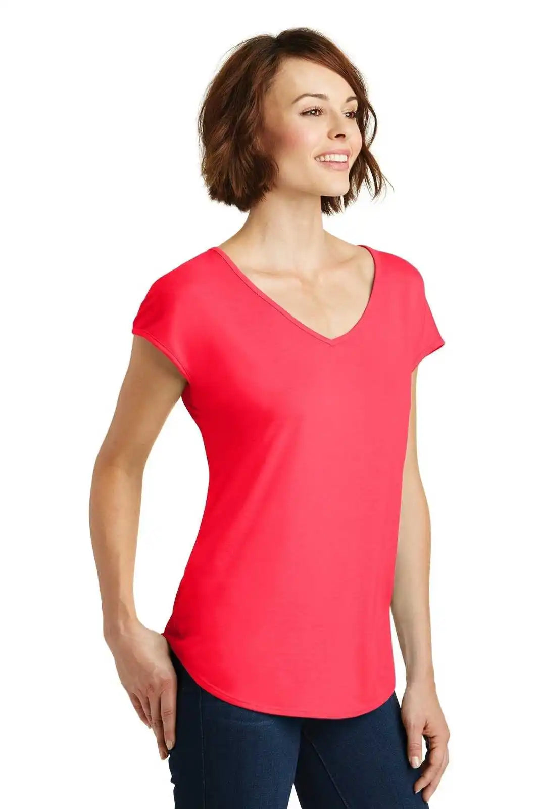 District Dm416 Women’s Drapey Cross-back Tee - Hot Coral