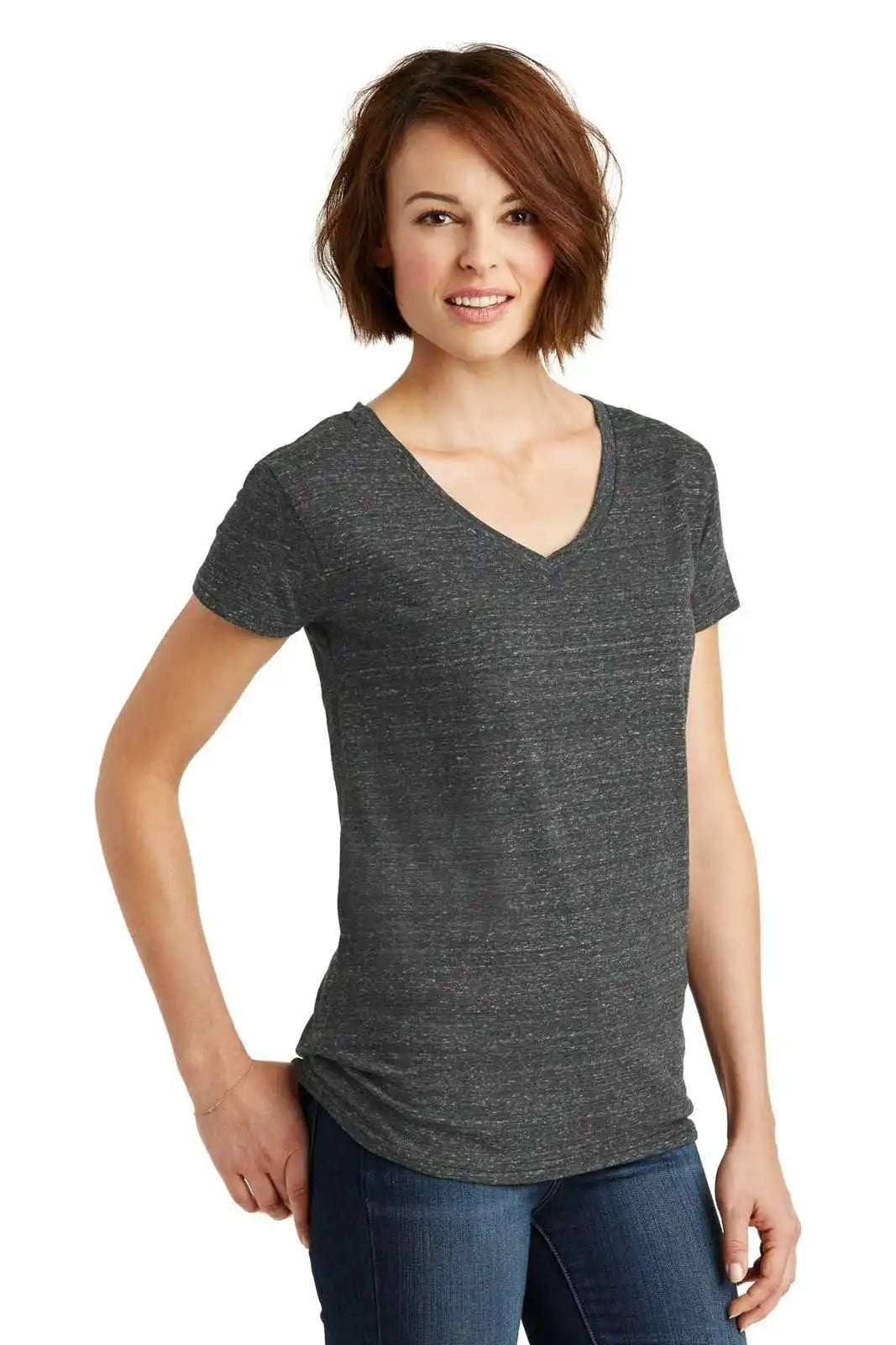 District Dm465 Women’s Cosmic V-neck Tee - Black Gray
