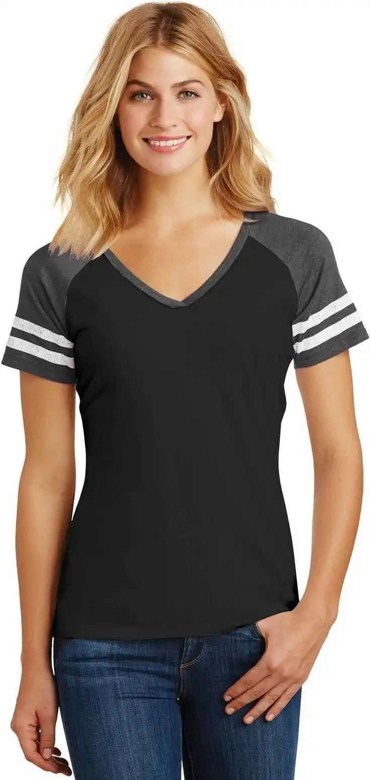 District Dm476 Women’s Game V-neck Tee - Black Heathered Charcoal