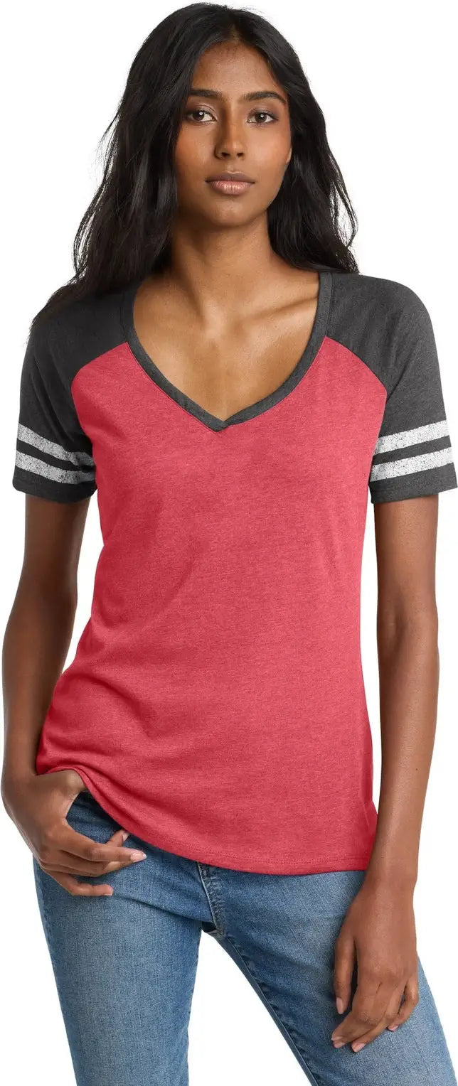 District Dm476 Women’s Game V-neck Tee - Heathered Red Charcoal