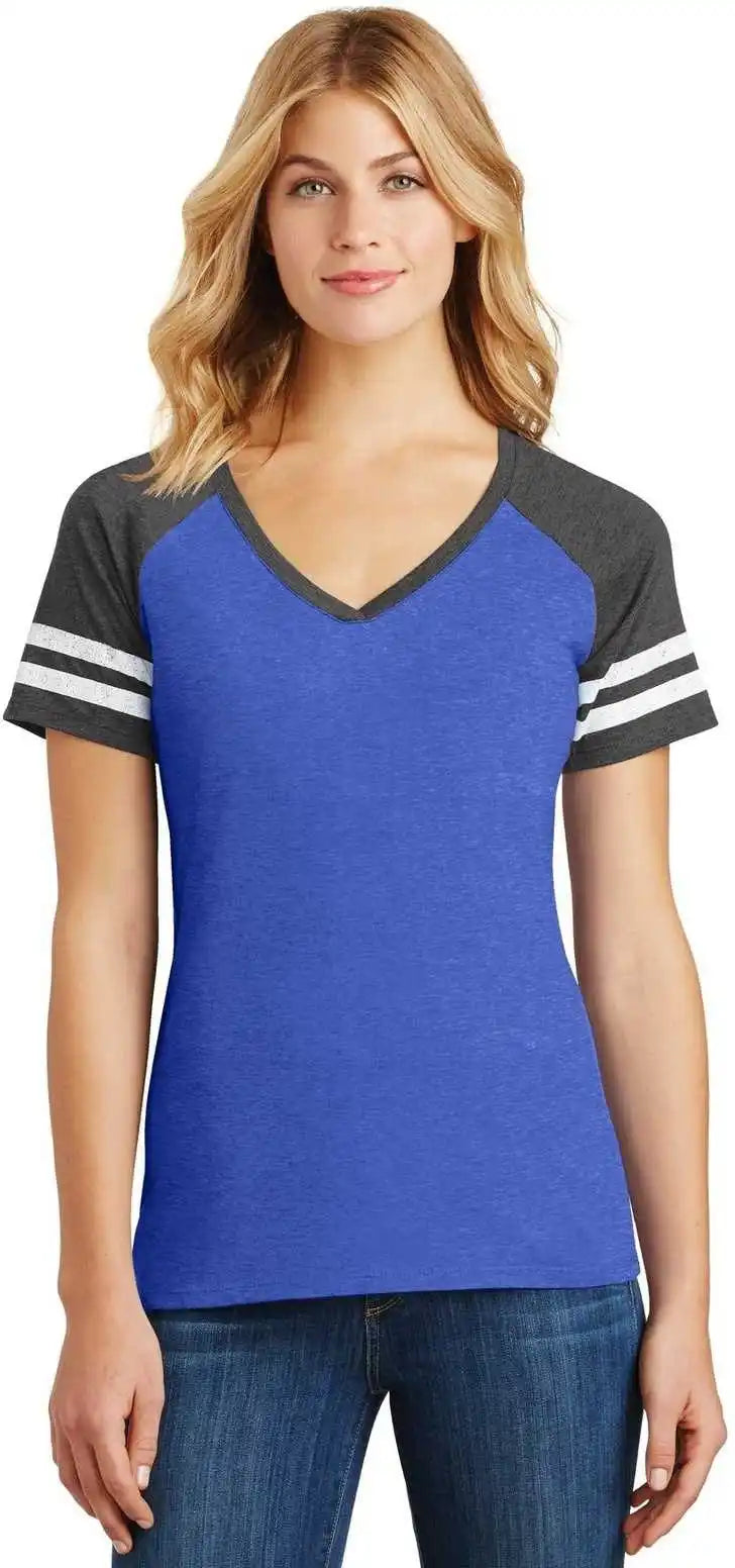 District Dm476 Women’s Game v Neck Tee Heathered True Royal Charcoal