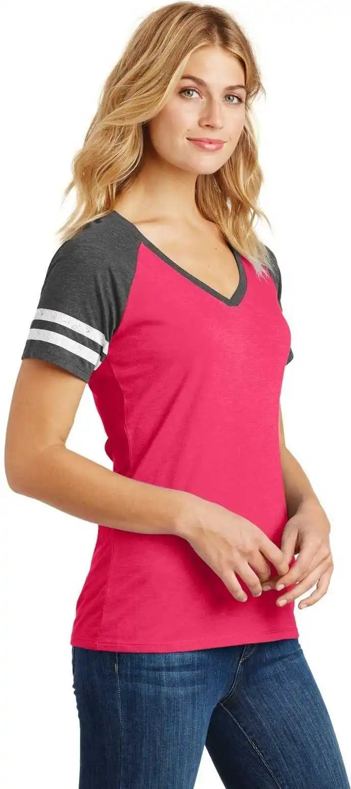 District Dm476 Women’s Game v Neck Tee Heathered Watermelon Charcoal
