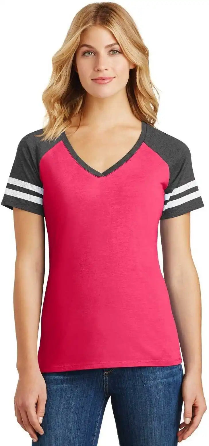 District Dm476 Women’s Game v Neck Tee Heathered Watermelon Charcoal