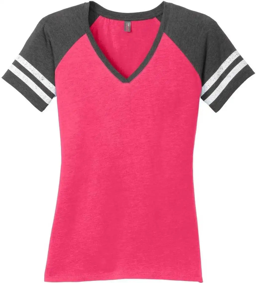 District Dm476 Women’s Game v Neck Tee Heathered Watermelon Charcoal