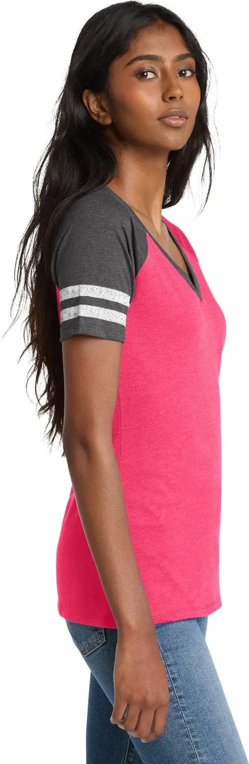 District Dm476 Women’s Game V-neck Tee - Heathered Watermelon Charcoal