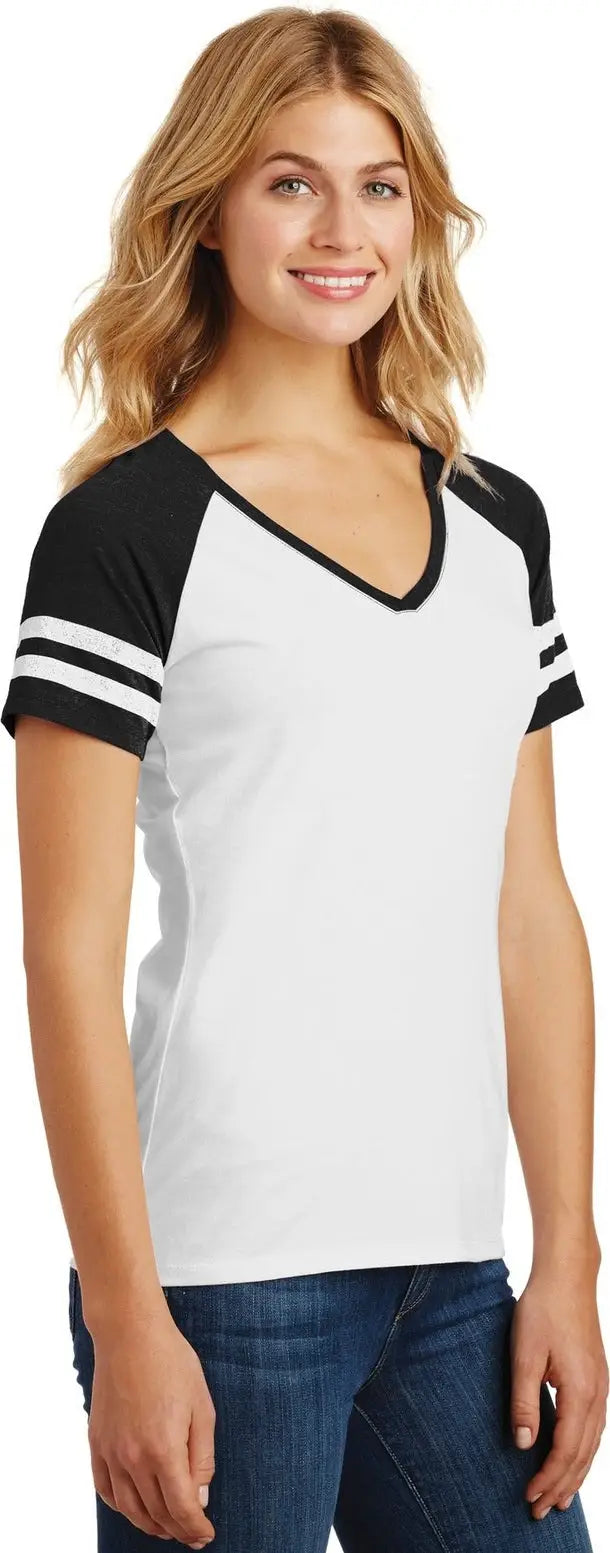 District Dm476 Women’s Game V-neck Tee - White Black