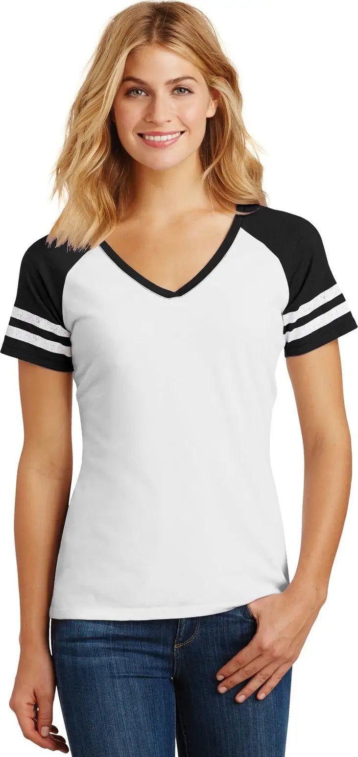 District Dm476 Women’s Game V-neck Tee - White Black