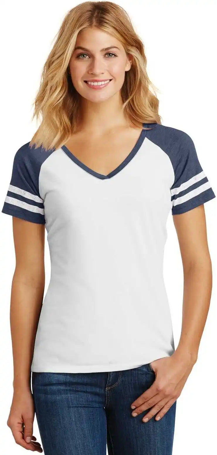 District Dm476 Women’s Game v Neck Tee White Heathered True Navy