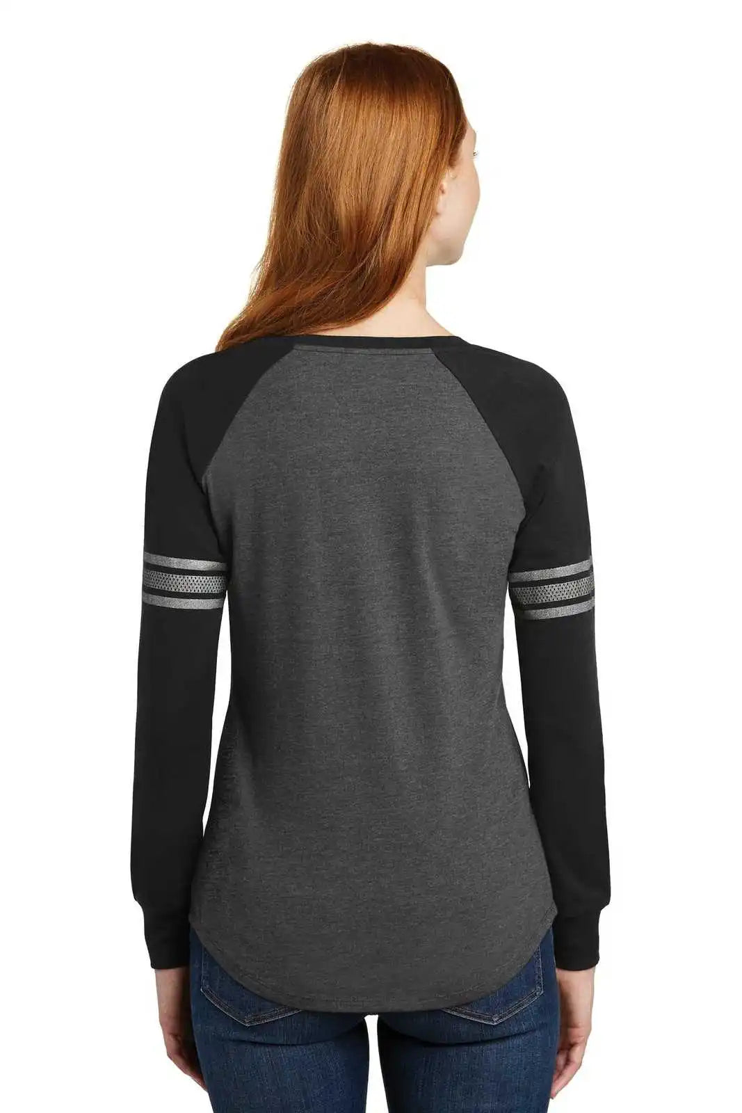 District Dm477 Women’s Game Long Sleeve V-neck Tee - Heathered Charcoal Black Silver