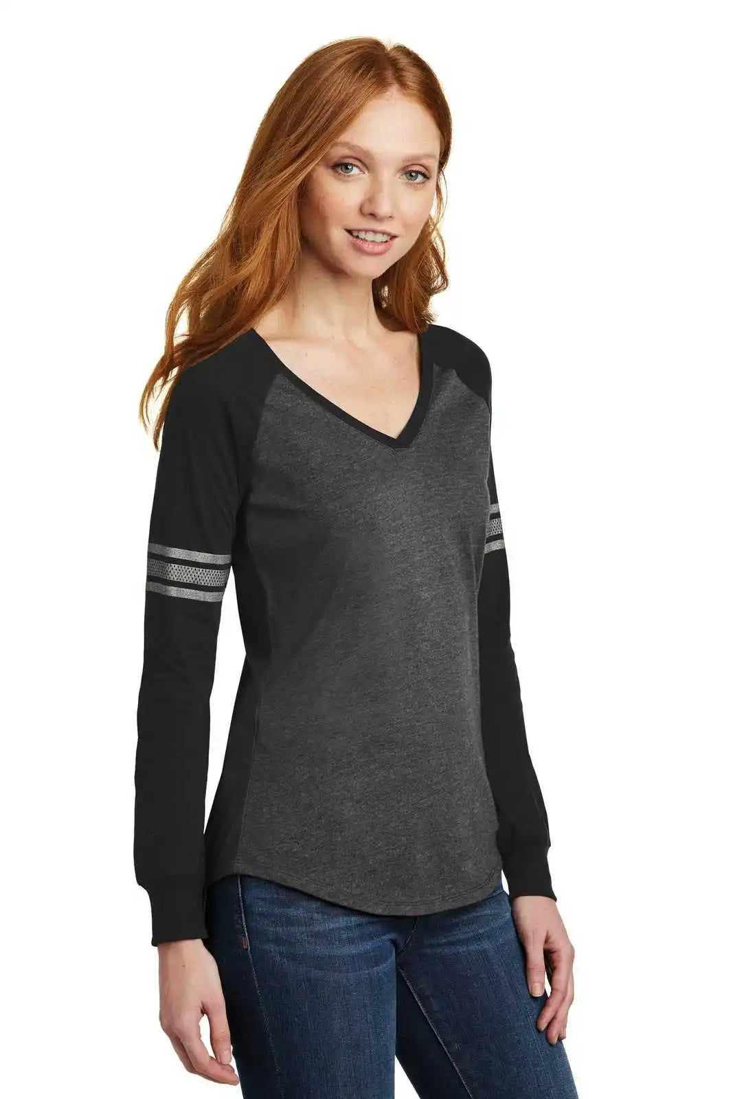 District Dm477 Women’s Game Long Sleeve V-neck Tee - Heathered Charcoal Black Silver