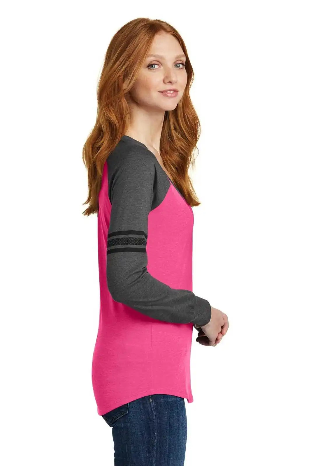 District Dm477 Women’s Game Long Sleeve V-neck Tee - Heathered Dark Fuchsia Charcoal Black