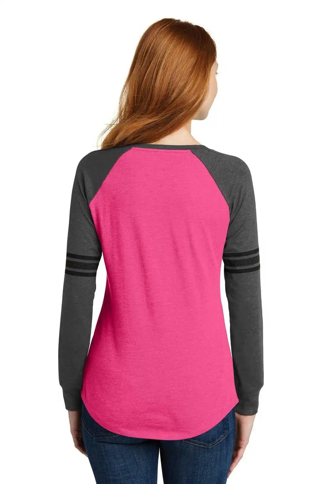 District Dm477 Women’s Game Long Sleeve V-neck Tee - Heathered Dark Fuchsia Charcoal Black