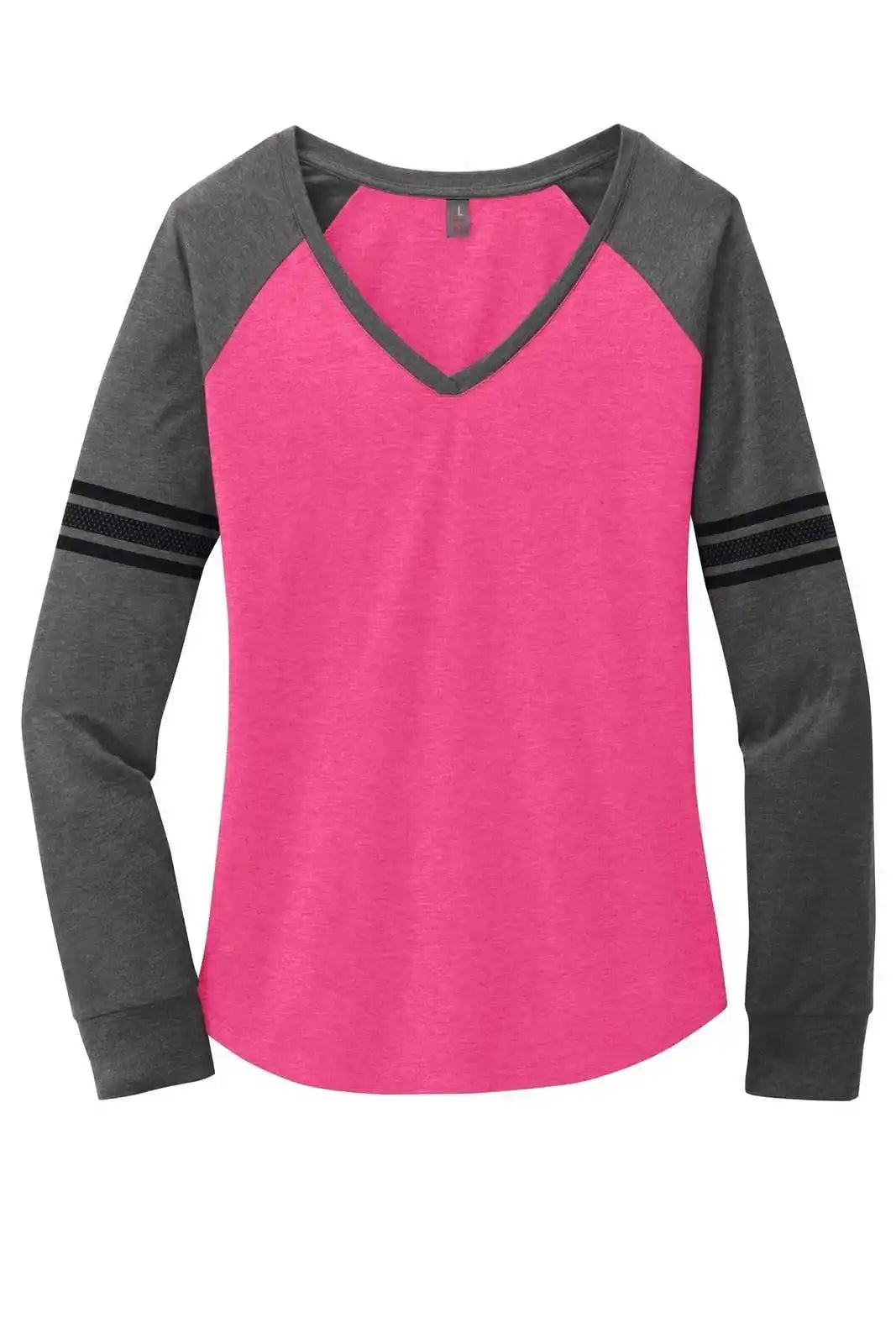 District Dm477 Women’s Game Long Sleeve V-neck Tee - Heathered Dark Fuchsia Charcoal Black