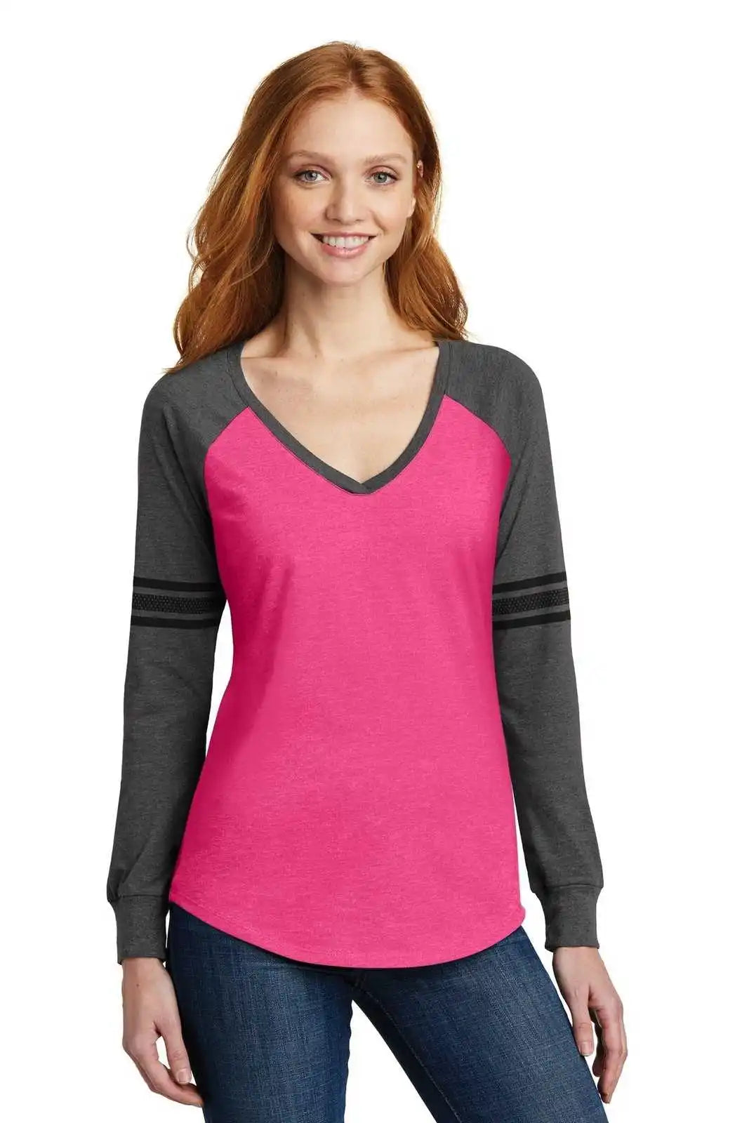 District Dm477 Women’s Game Long Sleeve V-neck Tee - Heathered Dark Fuchsia Charcoal Black