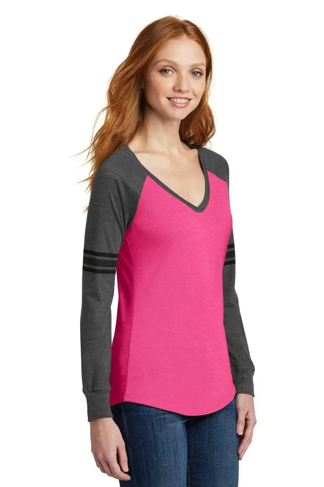 District Dm477 Women’s Game Long Sleeve V-neck Tee - Heathered Dark Fuchsia Charcoal Black
