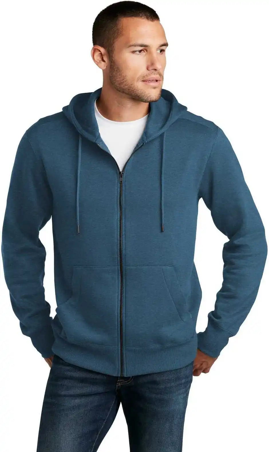 District Dt1103 Perfect Weight Fleece Full Zip Hoodie Heathered Poseidon Blue