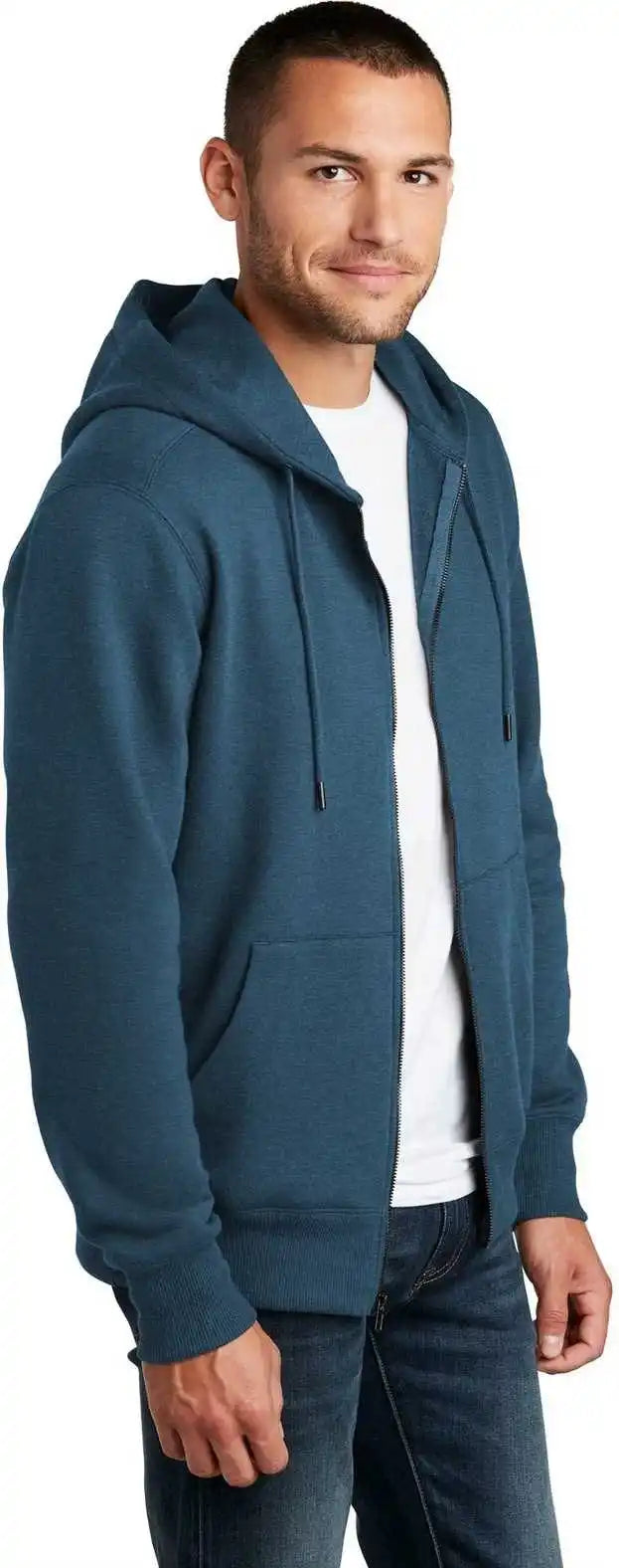District Dt1103 Perfect Weight Fleece Full Zip Hoodie Heathered Poseidon Blue