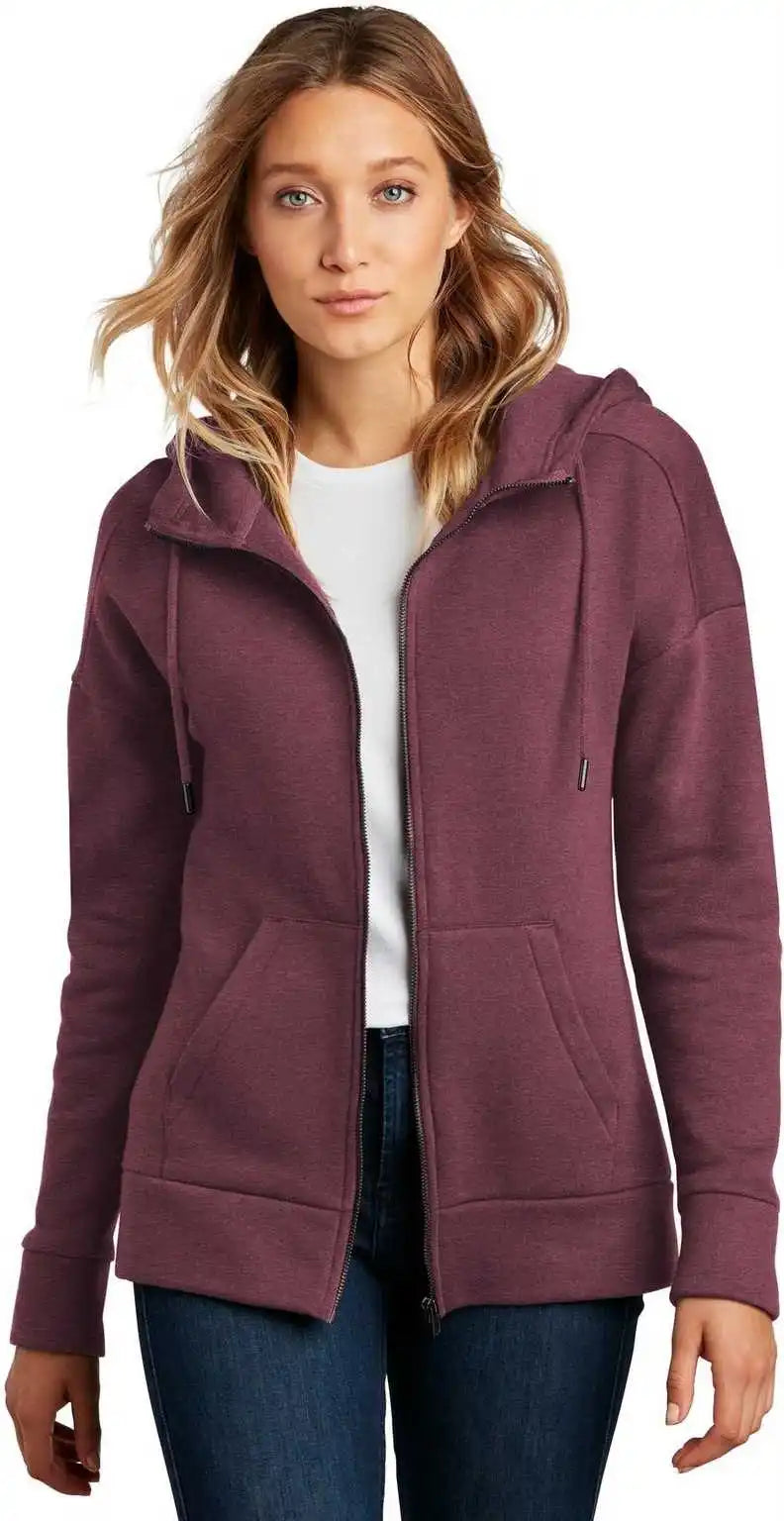 District Dt1104 Womens Perfect Weight Fleece Drop Shoulder Full-zip Hoodie - Heathered Loganberry