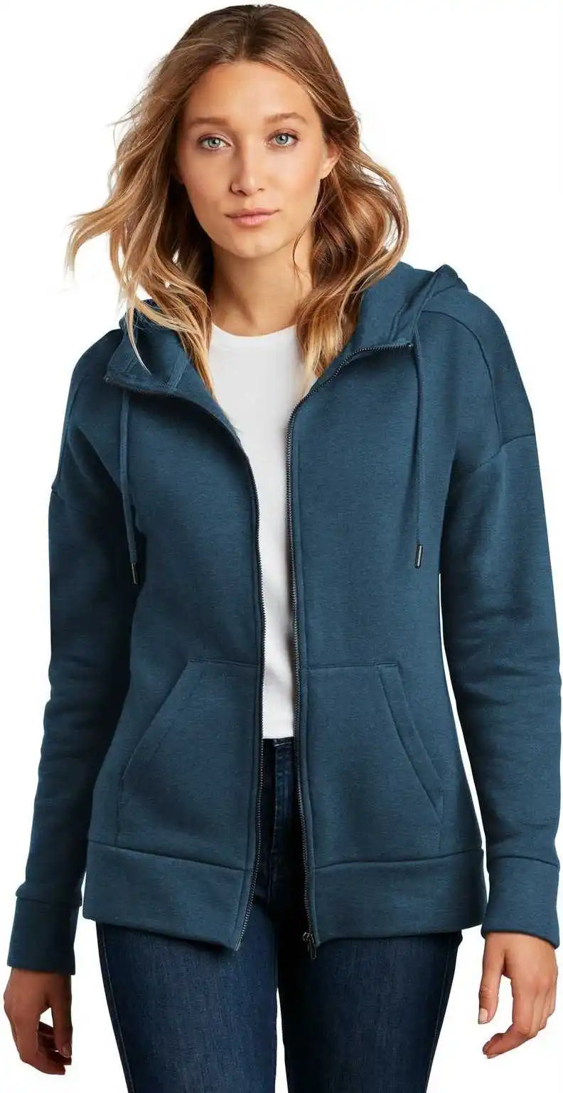 District Dt1104 Womens Perfect Weight Fleece Drop Shoulder Full Zip Hoodie Heathered Poseidon Blue