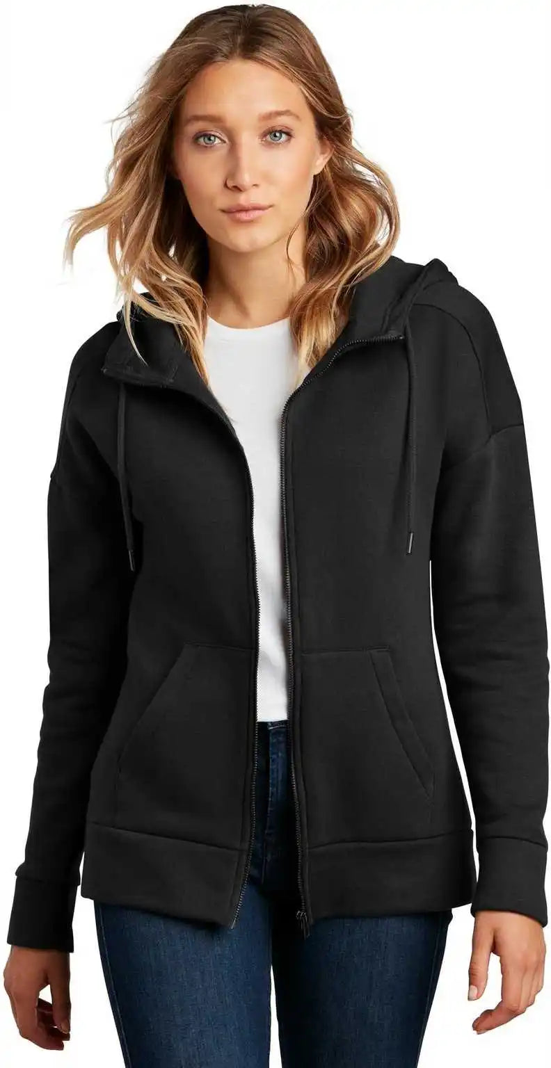 District Dt1104 Womens Perfect Weight Fleece Drop Shoulder Full Zip Hoodie Jet Black
